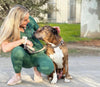 enjoying the summer sun with her pal Johnson (and her Fern Green Scrubs)